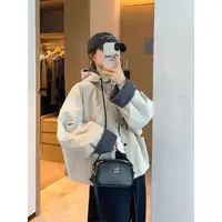 MEENI@1329 韩系边帽立领拼接格子休闲外套 9-26