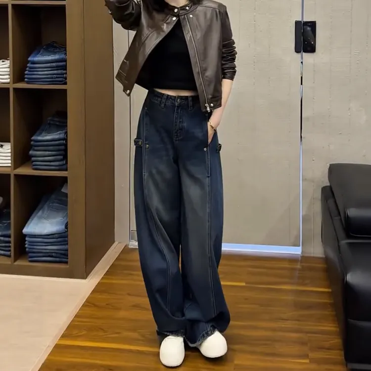 大码阔腿牛仔裤女秋季2025新款胖mm显瘦直筒弯刀拖地梨型身材裤子