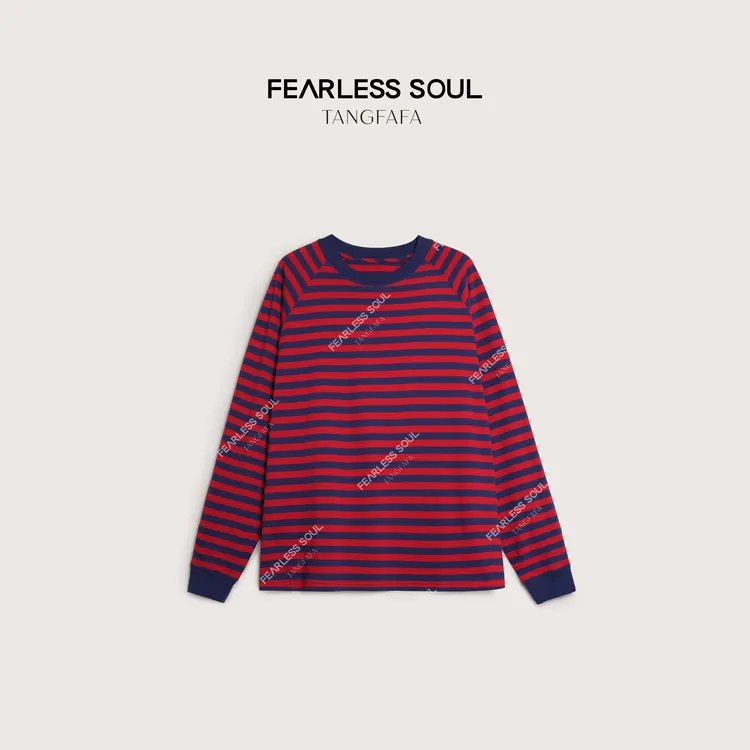 唐发发TFF 长绒棉色织纹印花秋季插肩长袖红蓝条纹T恤 825FT260 %
