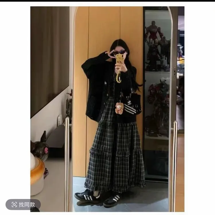 慵懒风长袖宽松外套女秋季格子背心连衣裙时尚两件套