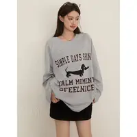 谢不肉 腊肠狗美式圆领长袖T恤女早秋宽松休闲百搭显瘦上衣50673