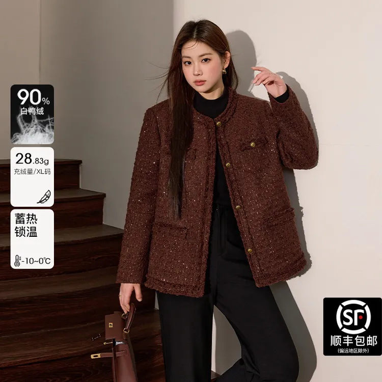 蓝语大码女装小香风90白鸭绒羽绒服安哥拉红显瘦保暖外套秋冬服饰