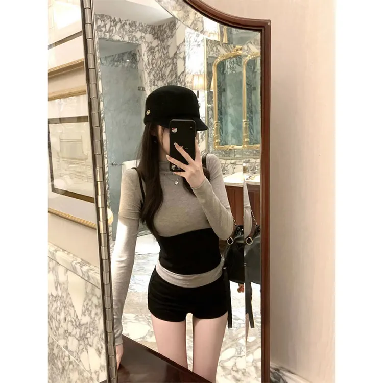 韩系穿搭2025秋季新款韩版女装纯欲修身辣妹性感假两件上衣配短裤