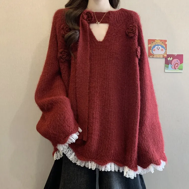 冬季2025新款巨好看红色毛衣大码女装胖mm蕾丝拼接花朵针织衫上衣