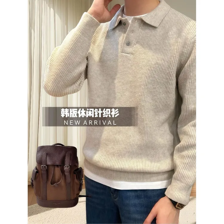 韩版简约清新风纯色翻领针织衫polo领毛衣休闲百搭男士长袖打底衫