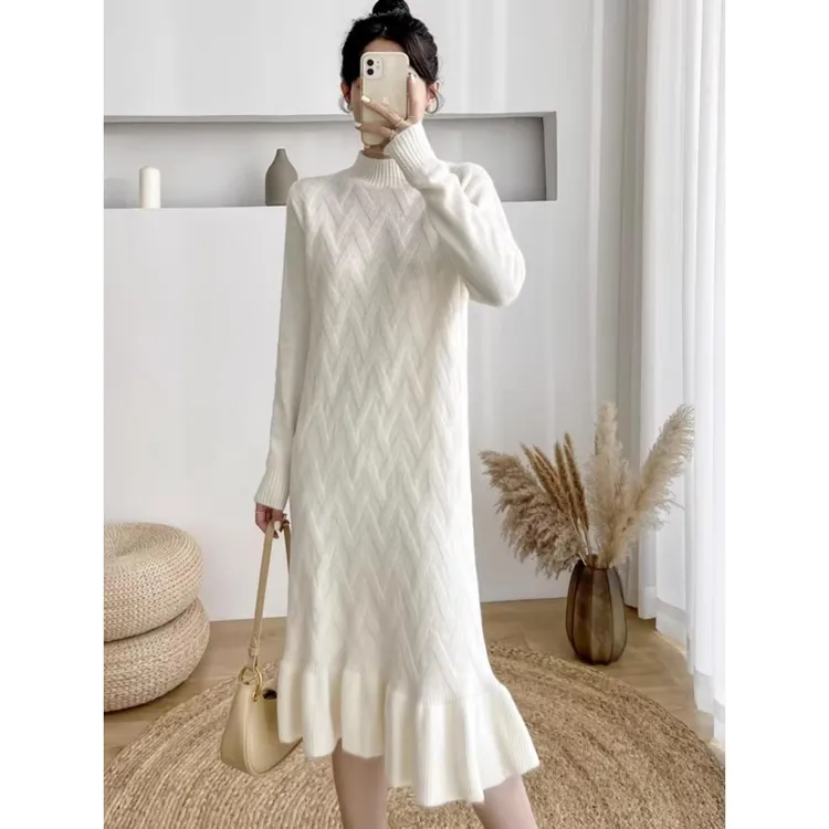 加厚微胖mm半高领针织连衣裙女秋冬慵懒宽松中长款鱼尾打底毛衣裙