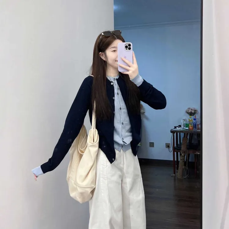 韩系撞色假两件针织衫女开衫秋季新款百搭毛衣外套秋冬高级感上衣