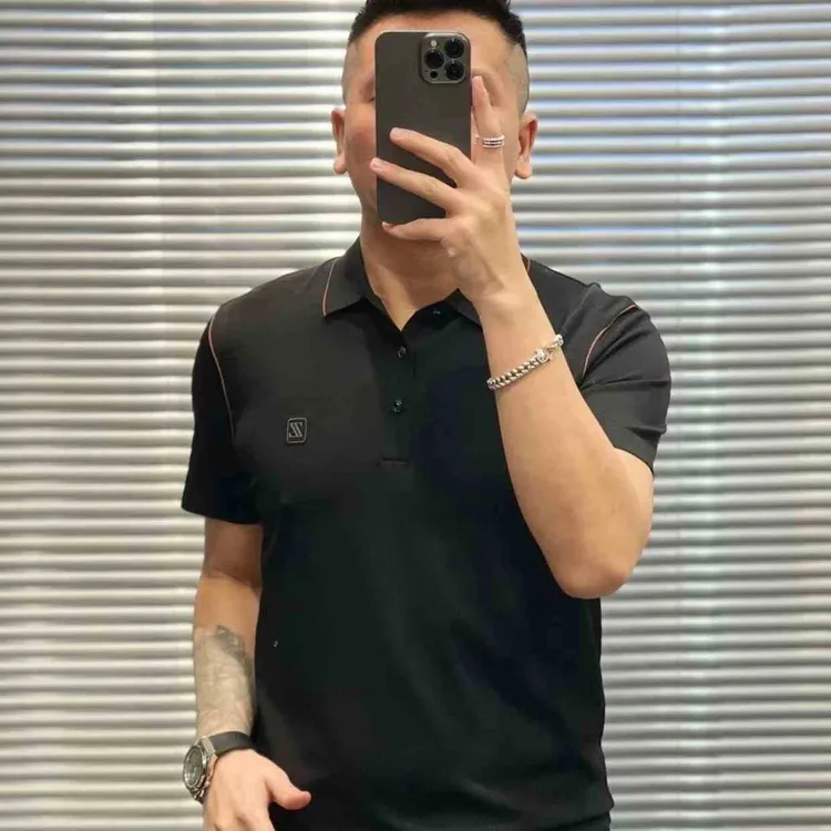 秋冬季男短袖纯色Polo衫高品质时尚修身潮流黑色polo衫上衣打底衫