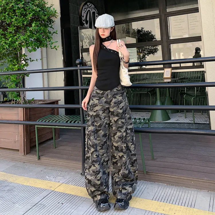 街拍超酷飒迷彩裤高腰工装牛仔裤女秋季新款潮牌个性直筒阔腿裤