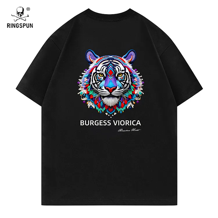 RINGSPUN【紫红虎】重磅万针刺绣可变色T恤男 圆领潮牌T恤男女同款
