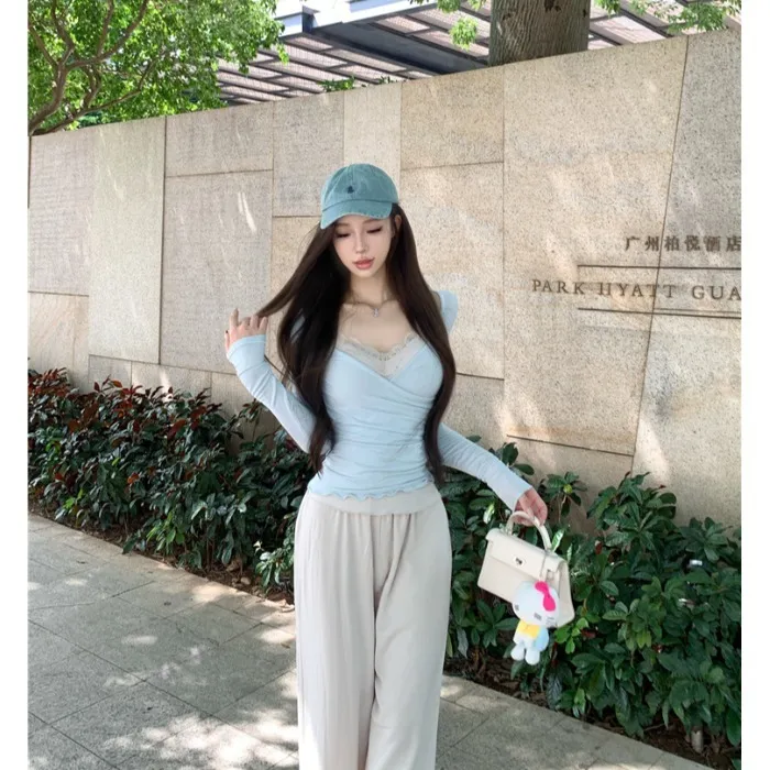 纯欲风套装女蓝色v领长袖修身T恤秋季吊带叠穿上衣针织长裤三件套