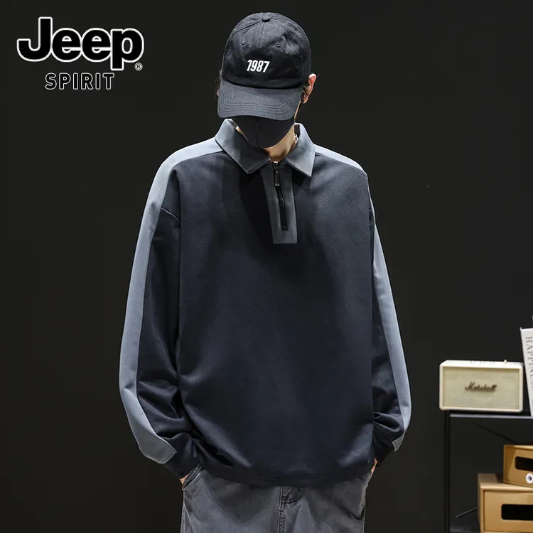 JEEPSPIRIT吉普新款半拉链POLO衫长袖上衣秋季宽松百搭休闲卫衣男