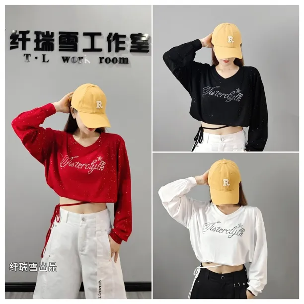 纤瑞雪新品亮晶晶烫钻宽松抽绳长袖T恤535