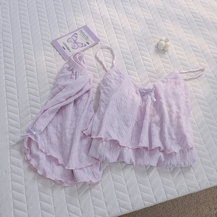 卷毛美少女夏季甜美浅紫色吊带睡衣女云朵棉带胸垫学生纯色家居服