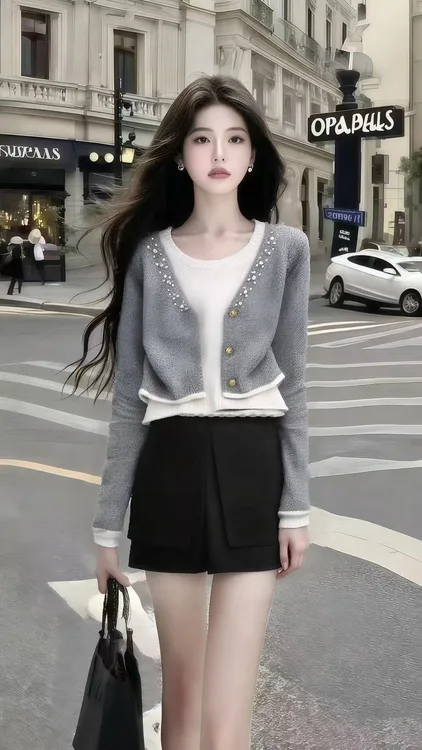 秋季新款松弛感穿搭氛围感灰色圆领长袖针织上衣+黑色百搭短裤