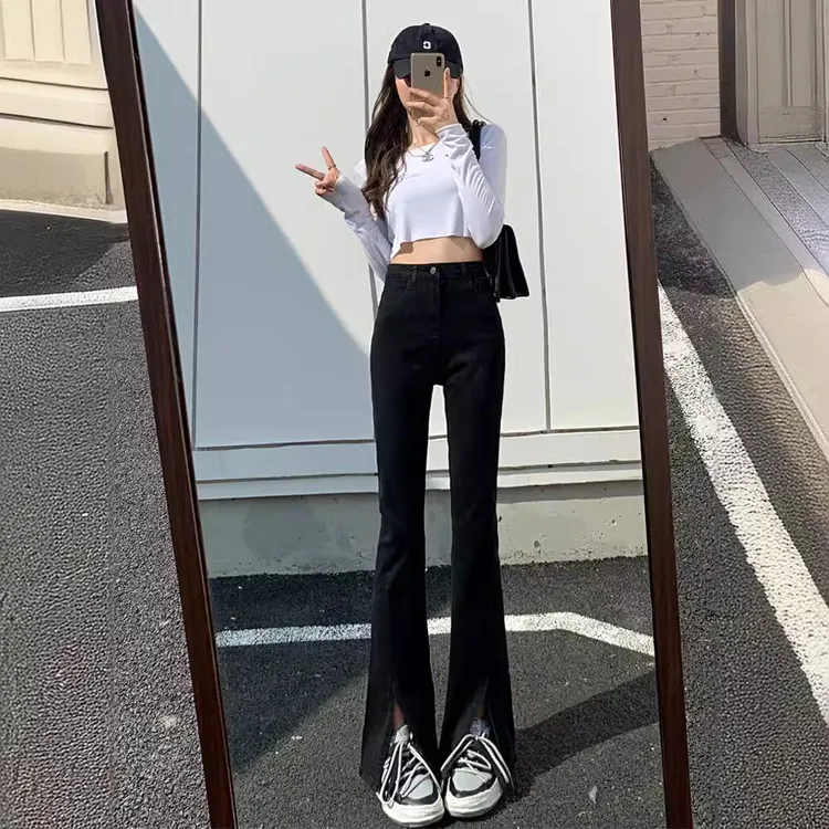 夏季新款女士黑色高腰微喇开叉修身显瘦直筒拖地时尚百搭显气质牛