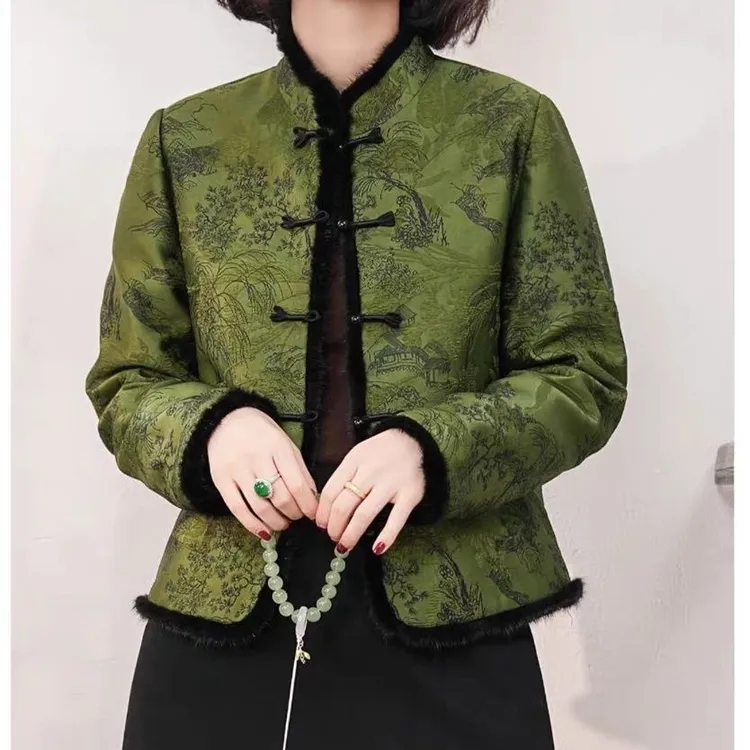 [松绿软烟]加棉新中式立体山水画万针提花正肩显瘦加厚棉服外套