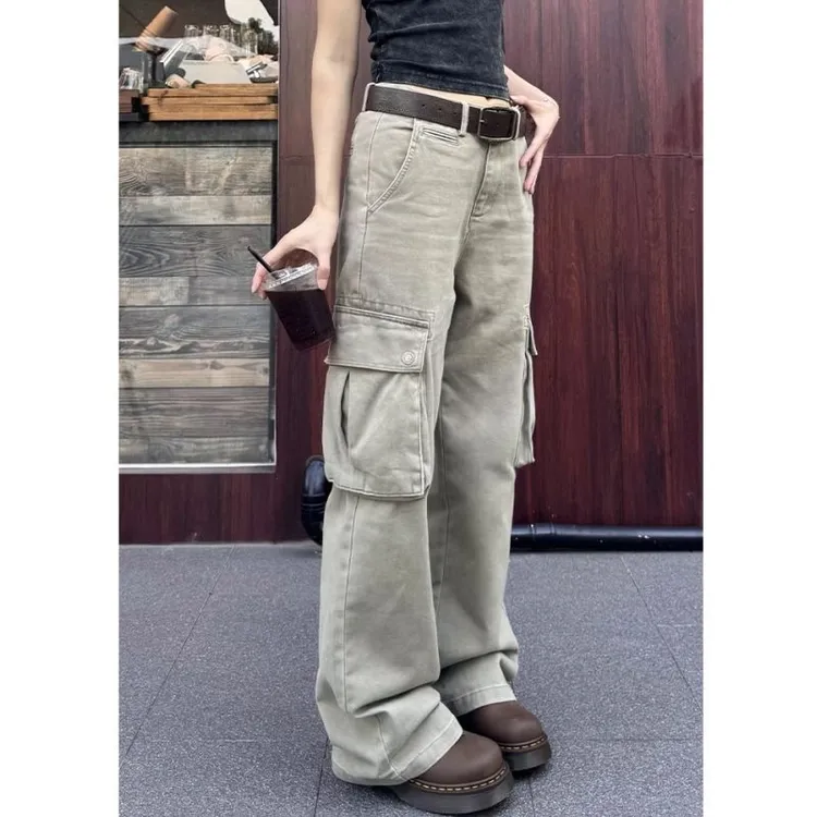 美式复古宽松直筒cleanfit工装裤女休闲阔腿运动大口袋长裤潮