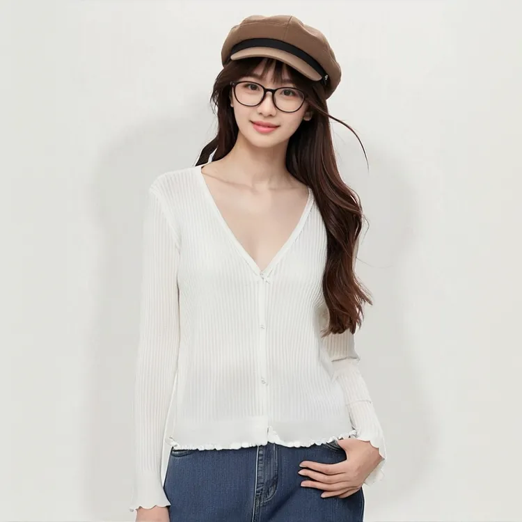 【珍珠木耳】高定纱线V领木耳边设计小短款设计百搭小开衫上衣