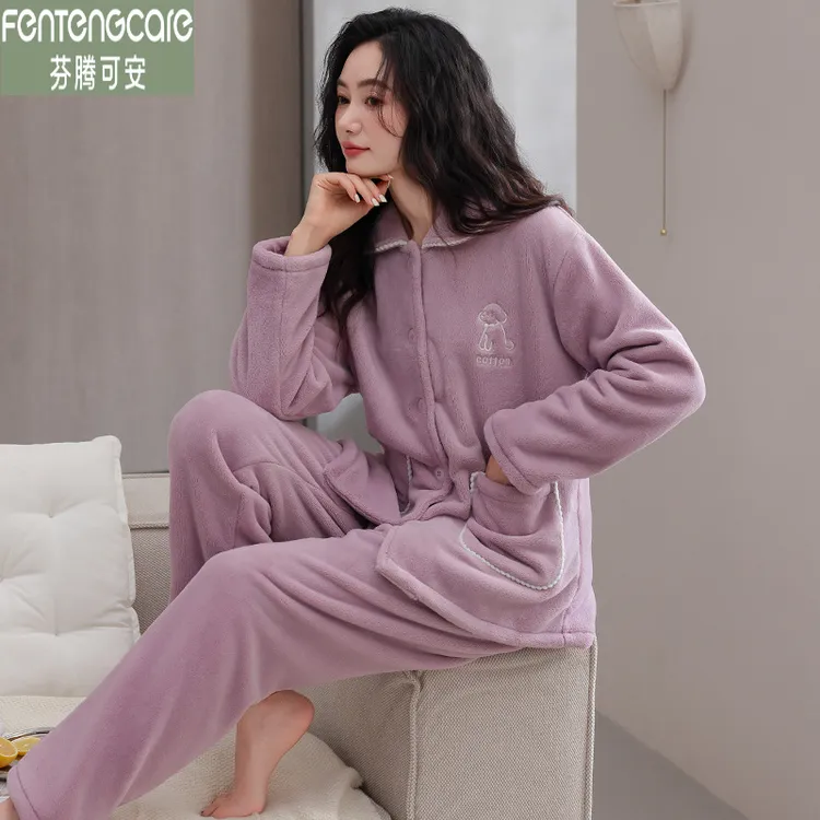 芬腾可安秋冬季珊瑚绒睡衣女士加绒加厚开衫法兰绒家居服加肥套装