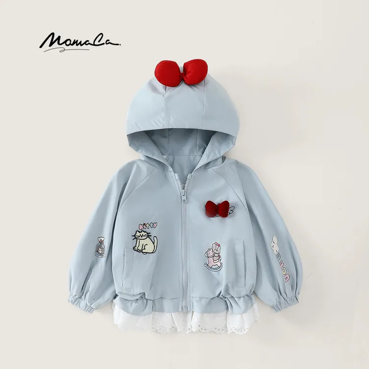 MOMOCO2025新款秋季女童可爱猫咪卡通蕾丝边连帽外套77730138028