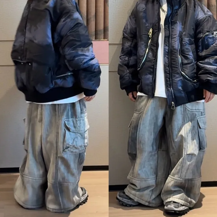 乐乐家儿童水洗做旧复古拼接棉质工装直筒裤中大童宽松长裤