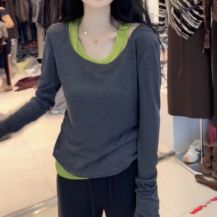 早秋新款韩版撞色长袖T恤女修身显瘦百搭休闲款LK2505869