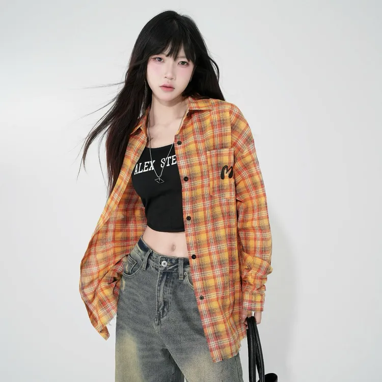 MESSTIME 韩系黄色格子衬衫外套男女春秋款复古薄款防晒衬衣上衣