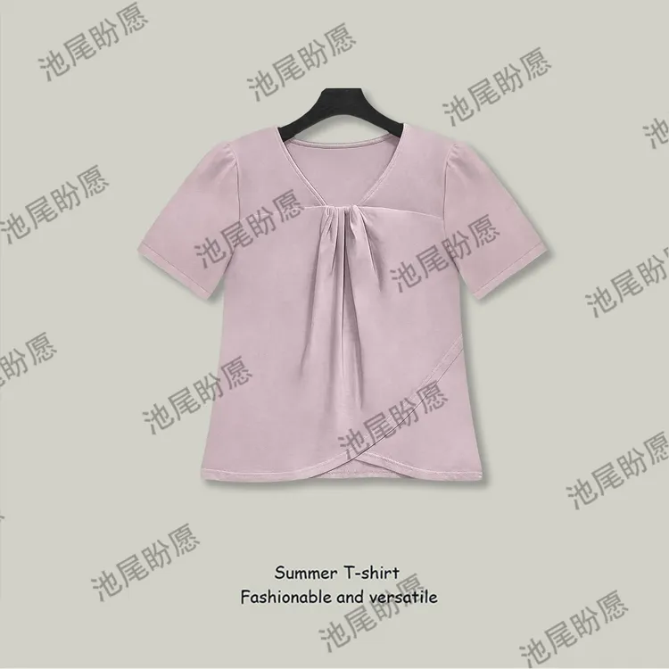2025夏季不规则褶皱拼接设计感气质纯色新款百搭上衣女短袖T恤女