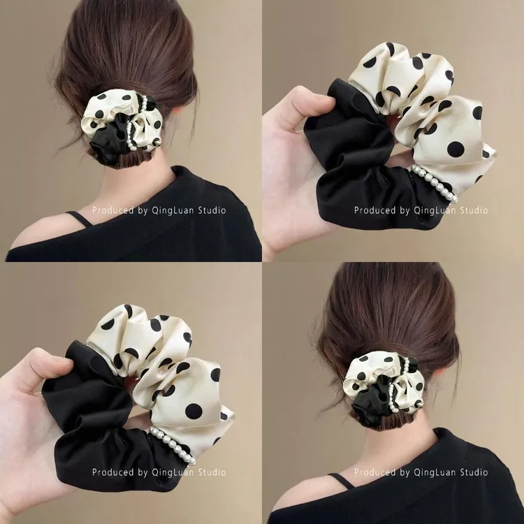 赫本波点~复古波点珠珠链条大肠发圈女高级感丸子头发绳旅行头花