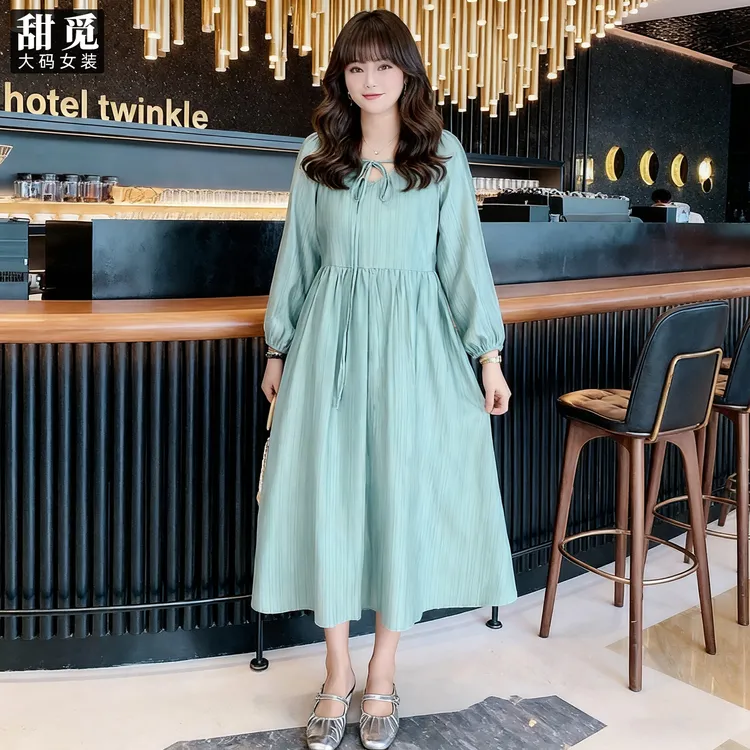 甜觅特大码女装2025秋装胖mm280斤淑女绑带蝴蝶结长款V领连衣裙