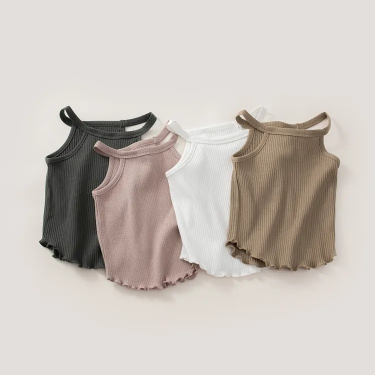 女童纯色坑条吊带衫夏季休闲套装洋气女宝宝背心清凉薄款无袖上衣