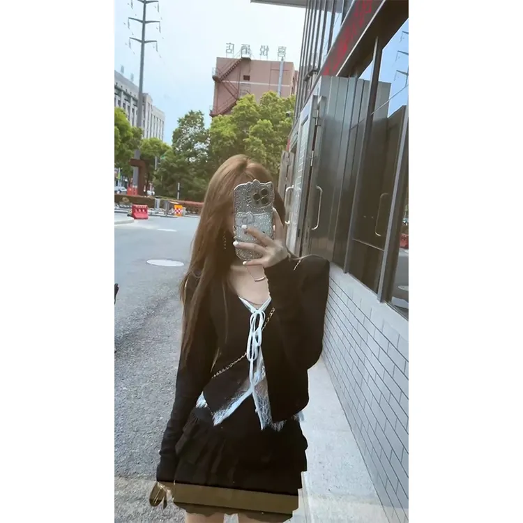 黑色辣妹假两件防晒长袖针织开衫女装早秋蕾丝拼接设计感小众上衣