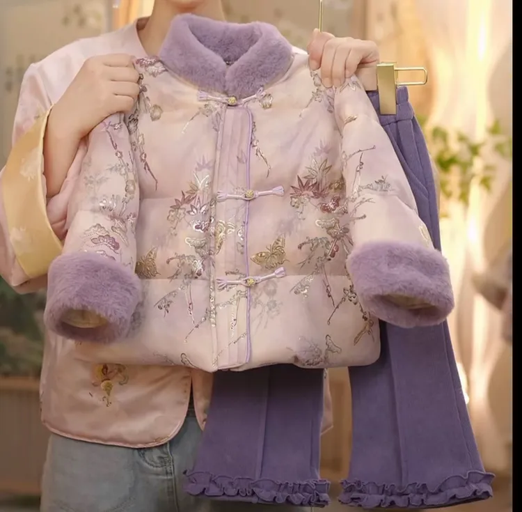 女童套装2025冬季新款儿童新中式加绒加厚国风外套女宝裤子两件套