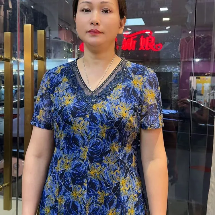 夏季中年妈妈短袖收腰台湾纱碎花洋气显瘦连衣裙