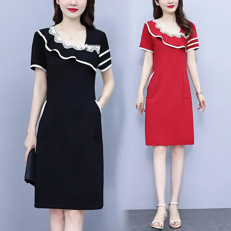 夏季新款时尚大码气质女人味包臀裙遮肚显瘦斜领优雅连衣裙755971