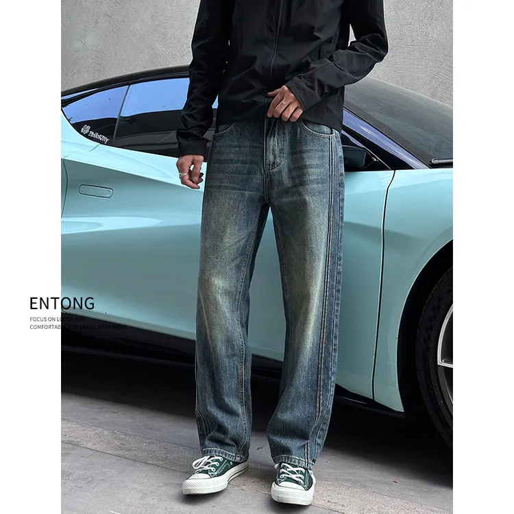 Entong潮牌解构宽松水洗牛仔裤男款秋季复古直筒cleanfit百搭裤子