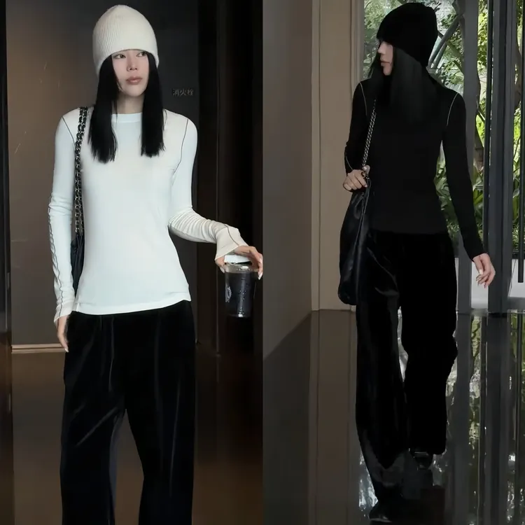 2025秋冬新款撞线设计感轻奢高级感长袖T恤百搭显瘦弯刀裤套装女