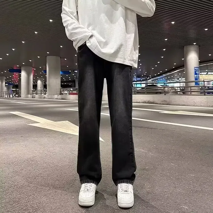 春秋直筒牛仔裤男黑色水洗松紧腰休闲裤宽松直筒裤男青少年松紧腰