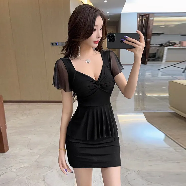 辣妹低胸紧身网纱性感连衣裙女遮肚显瘦包臀短裙夜场上班女孩衣服