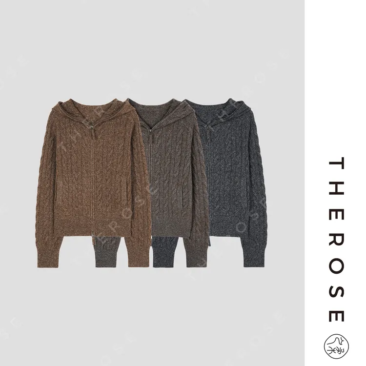 之柔【云间繁星】时尚丝绒立体绞花上衣百搭休闲长袖连帽针织开衫女