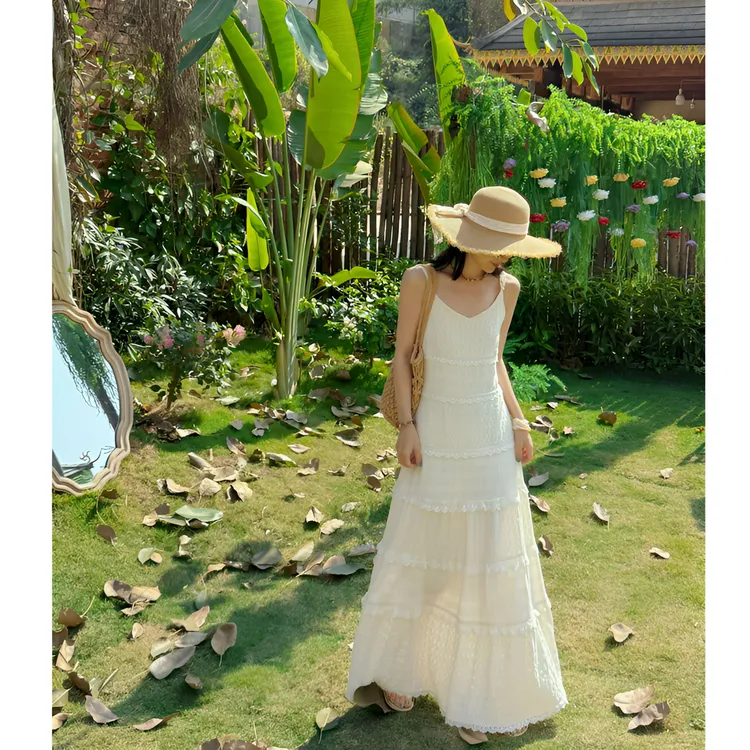 【奶油千层】法式气质蛋糕裙白色蕾丝拼接吊带连衣打底叠穿神器