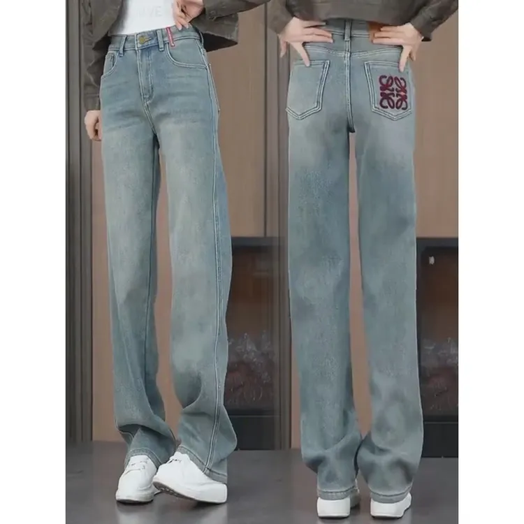 TOUCH MISS高端时髦窄版阔腿裤2025新款高腰刺绣宽松减龄直筒长裤