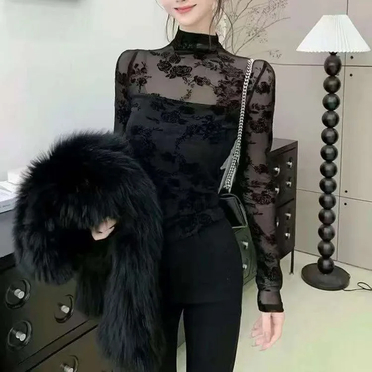 【现货+运费险】欧货半高领碎花蕾丝衫2025秋冬性感微透长袖打底衫