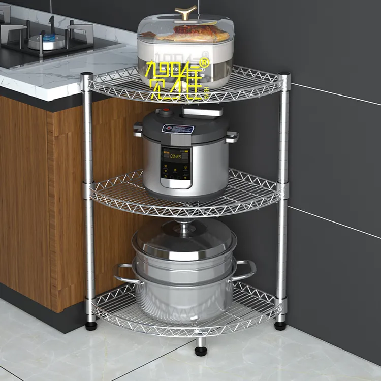 贺雅不锈钢色厨房转角置物架落地省空间镂空锅架墙角网片扇形收纳