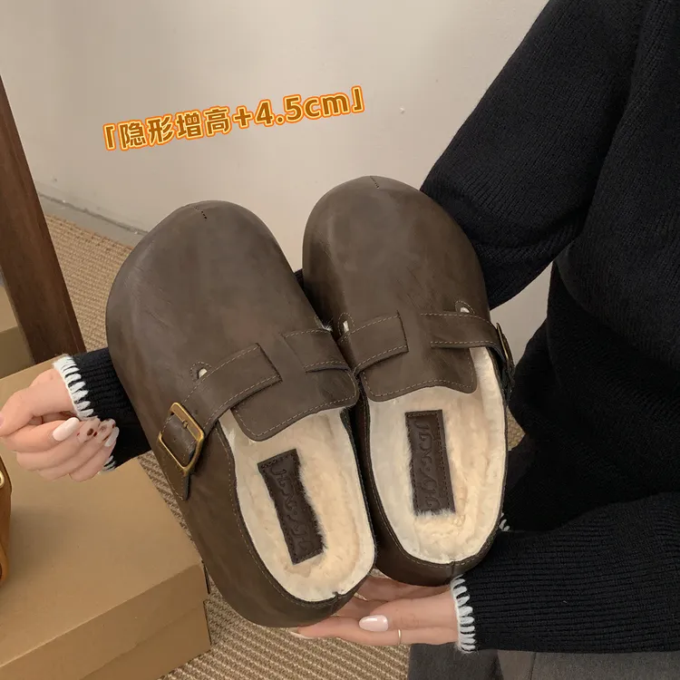 加绒加厚复古棕色厚底包头棉拖鞋女2025新款冬季外穿保暖勃肯半拖