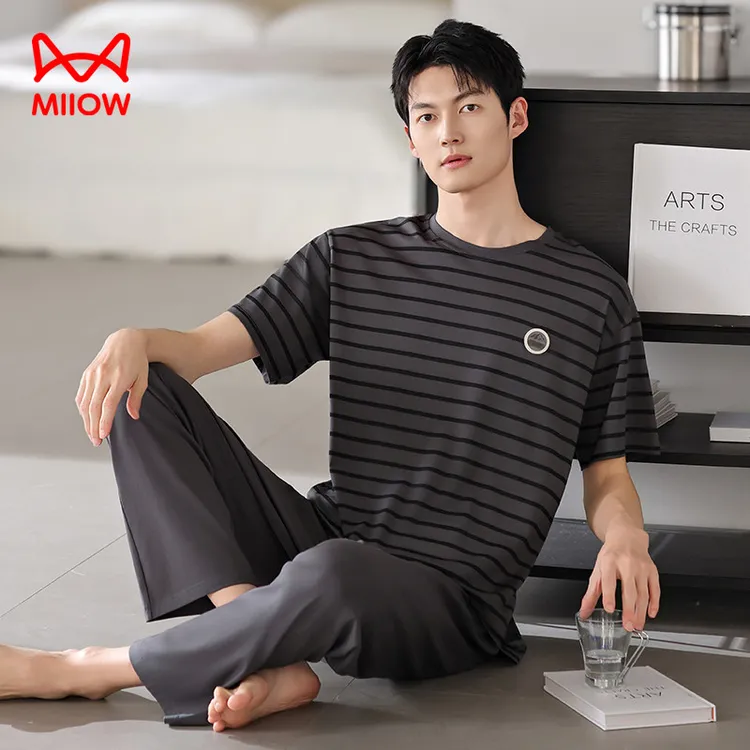猫人莱赛尔睡衣男士短袖长裤2025年外穿夏天男生长裤家居服套装