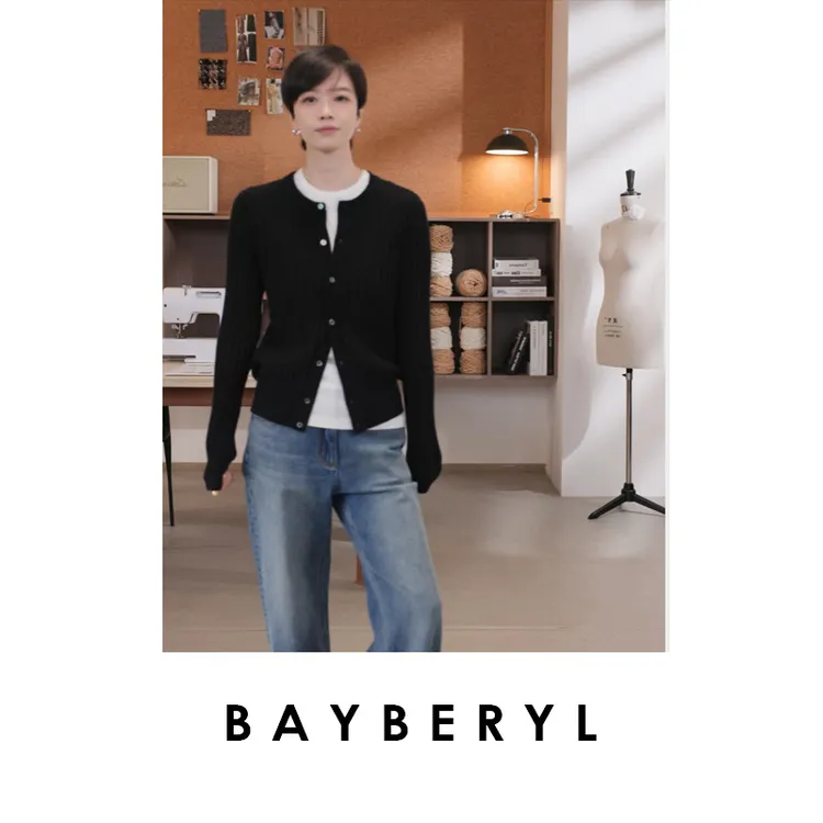 CC09-BAYBERYL老贝芝士条*竖坑条圆领羊绒百搭针织开衫ZZS5F1805