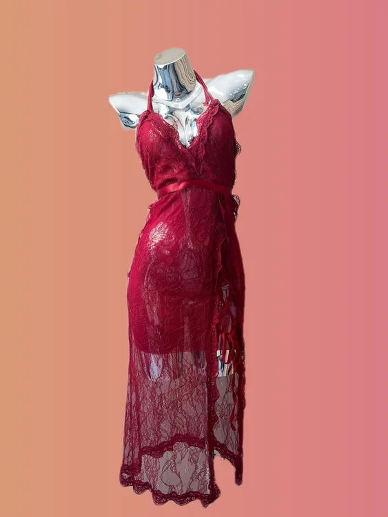 蔷薇【80-200斤】j酒红蕾丝气质长裙侧开杈高腰线修身睡裙（无内衬）