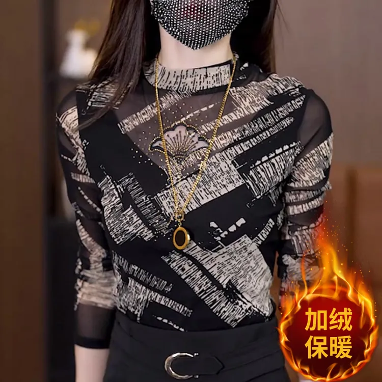 半高领加厚加绒打底衫内搭秋季洋气蕾丝修身女款圆领t恤长袖上衣